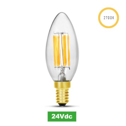 Bec cu LED în formă de lumânare, 24V, 5W, 2700K, E14 (adaptor E27)