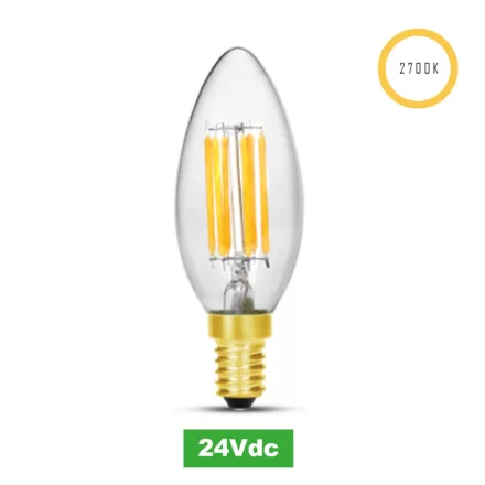 Bec cu LED în formă de lumânare, 24V, 5W, 2700K, E14 (adaptor E27)